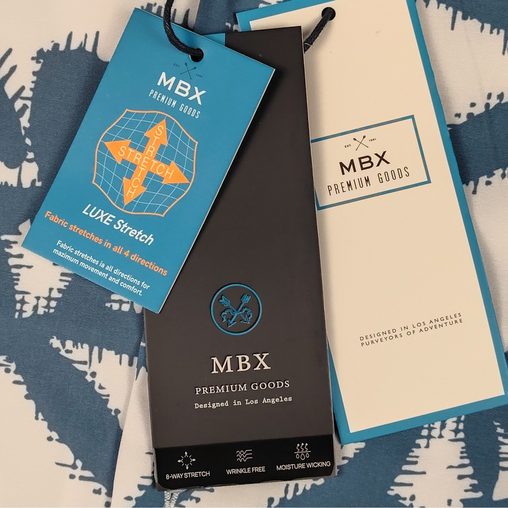 MBX Premium Goods Mens S NWT Camp Shirt Blue White Tropical Palm Leaf Stretch - Picture 6 of 15